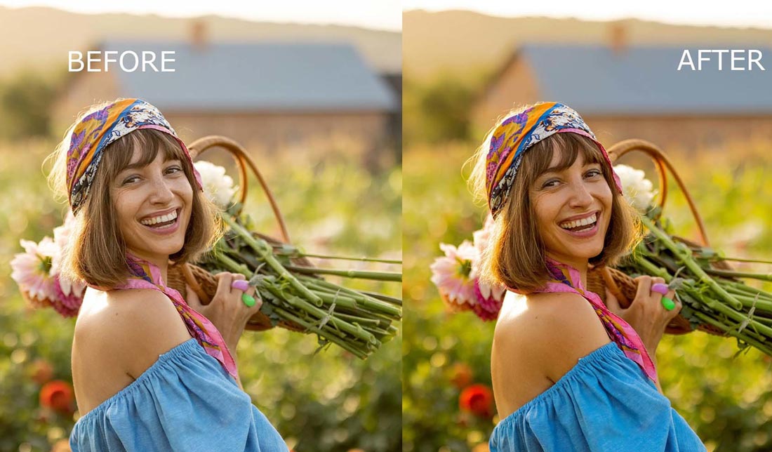 تاثیر ادیت نور بر تصویر (سمت راست بعد از ادیت، سمت چپ قبل از ادیت)