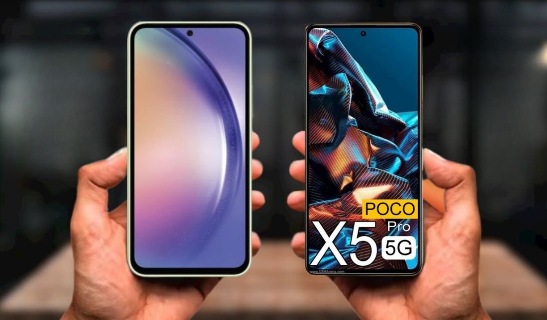 نمای نزدیک صفحه‌نمایش گوشی شیائومی پوکو X5 پرو و گلکسی A54