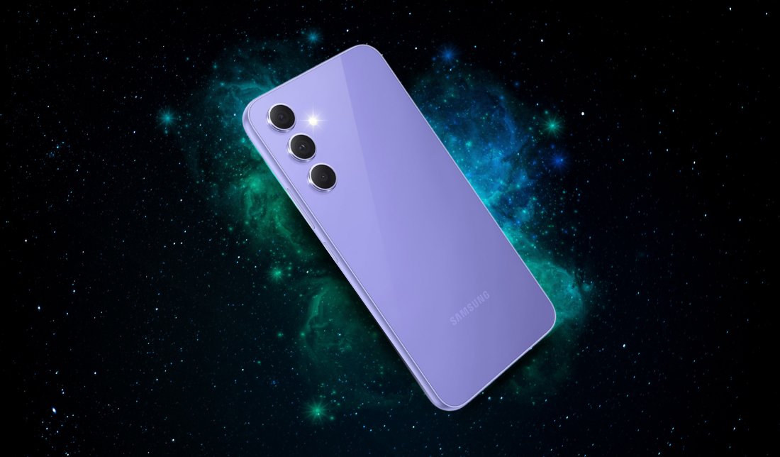 نمای نزدیک و از پشت  گوشی گلکسی A54 در رنگ بنفش