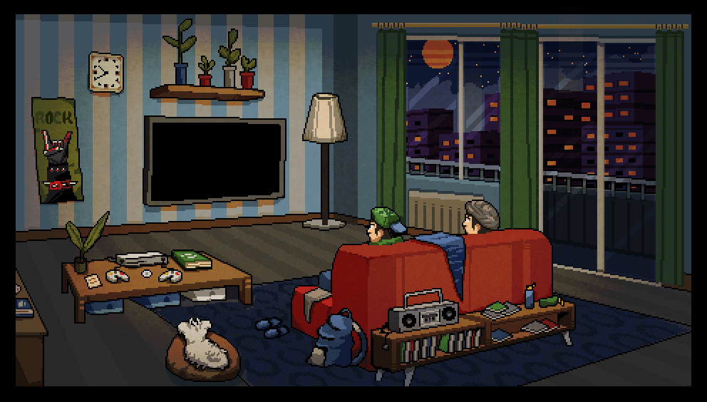 تصویر متحرکی از نمایش دو شخص در حال بازی با تلویزیون