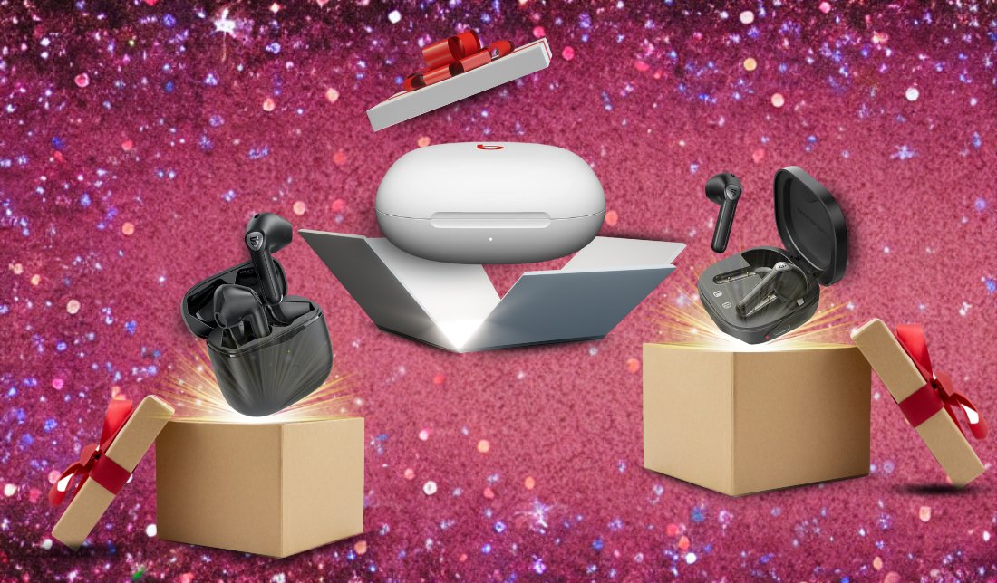 نمایش سه مدل هندزفری بلوتوثی در کنار جعبه هدیه