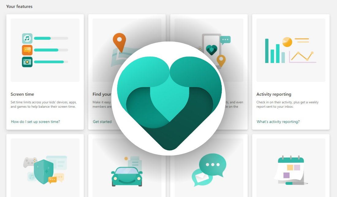 نمایشی از فضای داخلی برنامه Microsoft Family Safety به همراه نمایش لوگو برنامه در وسط تصویر