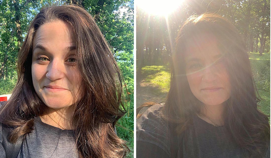 مقایسه عکس سلفی در دو زاویه نور متفاوت (سمت راست در زیر منبع نور، سمت چپ در مقابل منبع نور)