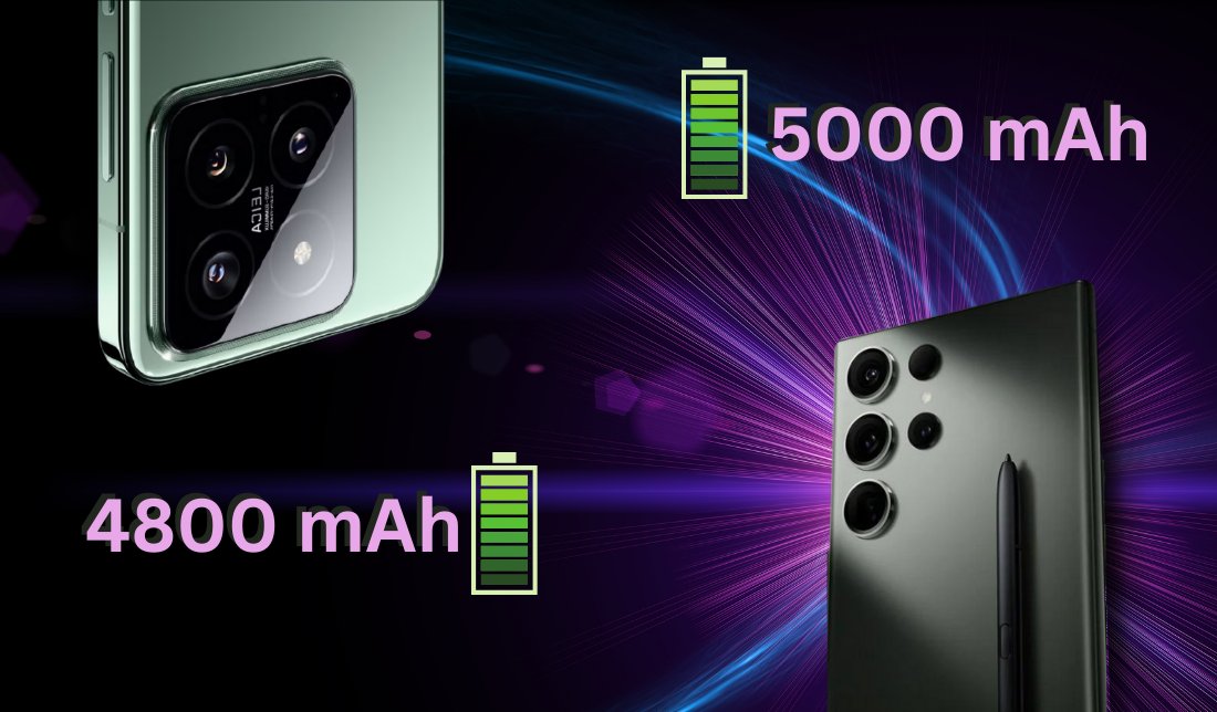 نمایش  گوشی گلکسی S24 اولترا و شیائومی 14 پرو از نمای پشتی در کنار نمایش ظرفیت باتری هر گوشی