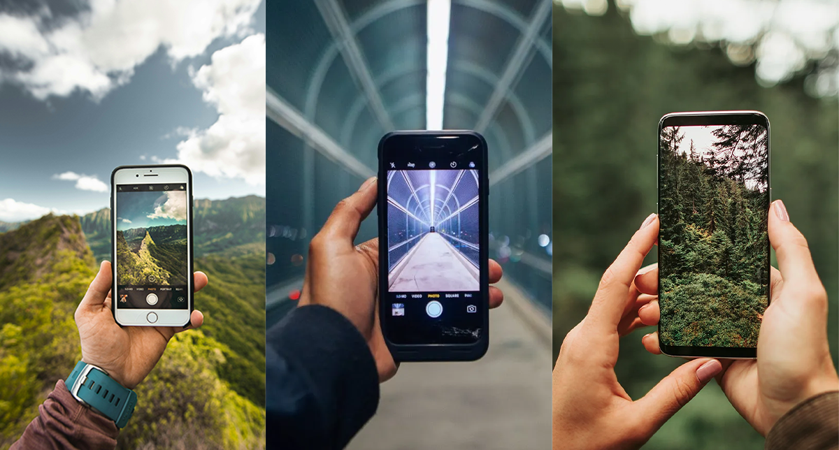 نمایش چند شخص در چند موقعیت مختلف که در حال عکاسی با گوشی هستند