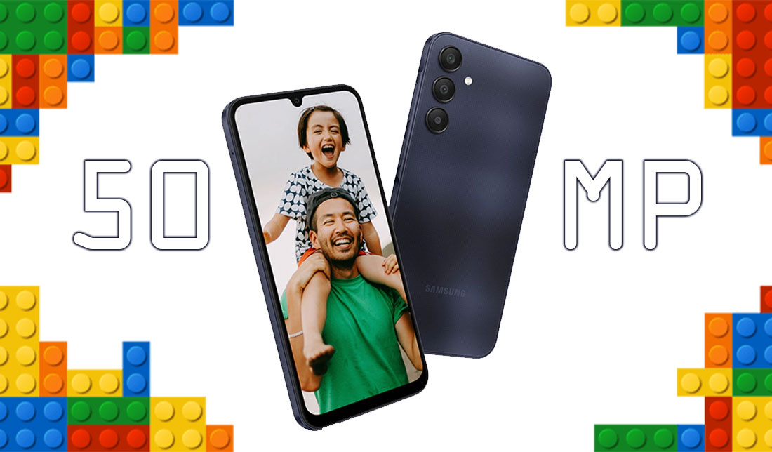 نمایش گوشی گلکسی A25 در رنگ آبی تیره در کنار نمایش ظرفیت دوربی