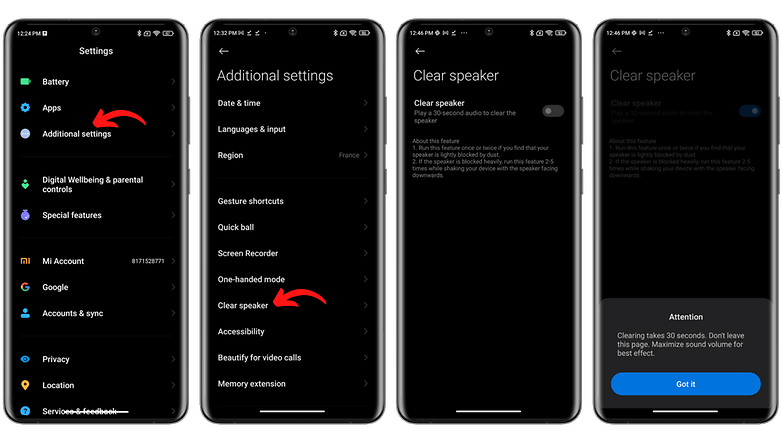 اسکرین‌شات تنظیمات نحوه تمیز کردن اسپیکرهای گوشی شیائومی