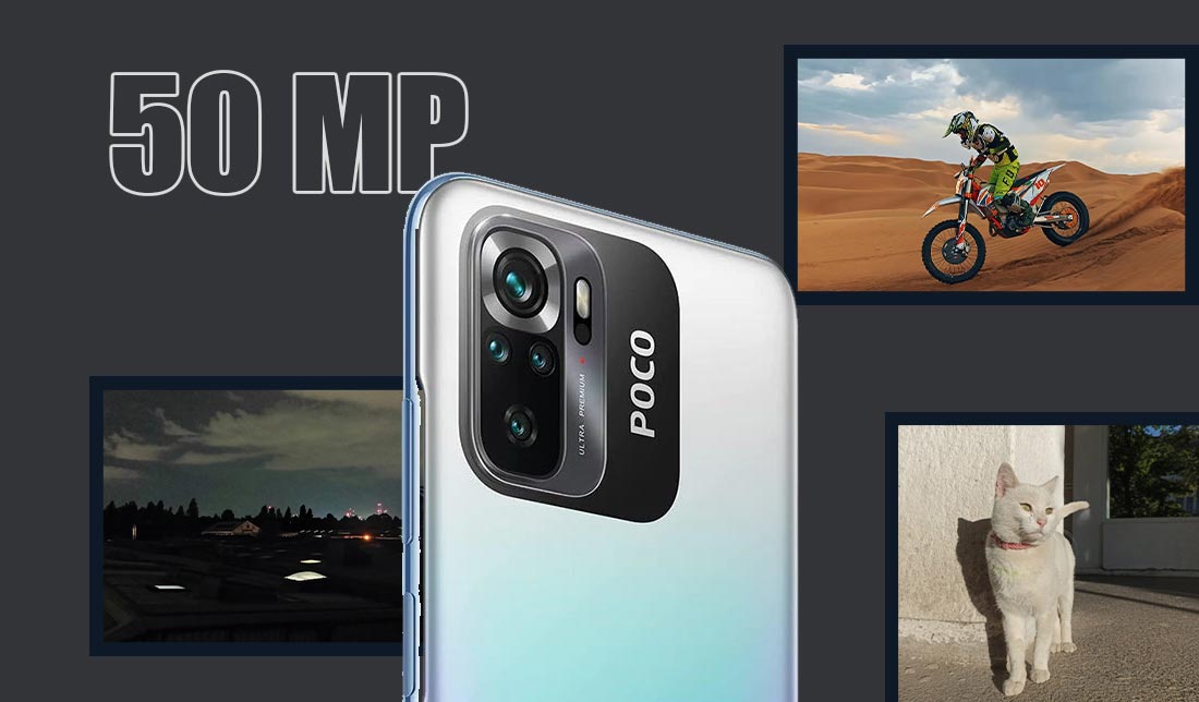 نمایش گوشی پوکو M5S در رنگ آبی در کنار تعدادی از عکس‌های گرفته شده با این گوشی