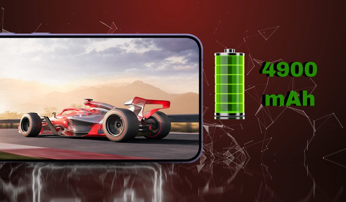 نمای نزدیک صفحه‌نمایش گوشی گلکسی S24 پلاس در کنار نمایش ظرفیت باتری