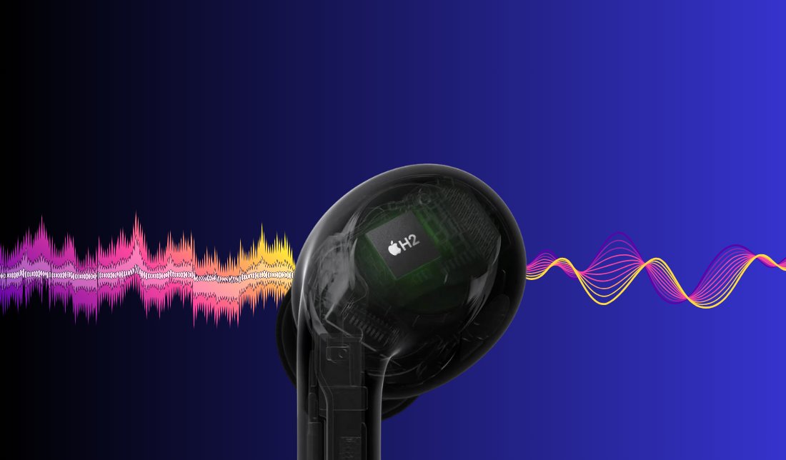 نمای نزدیک ایرباد  هندزفری ایرپاد پرو 2 (2023) در رنگ مشکی به همراه نمایش تراشه داخلی ایرباد