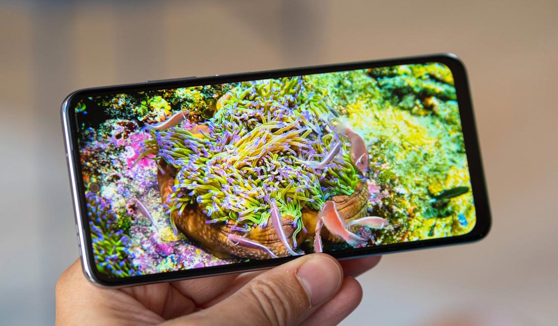 نمای نزدیک پنل جلویی گوشی شیائومی پوکو m5s برای نشان دادن کیفیت نمایشگر