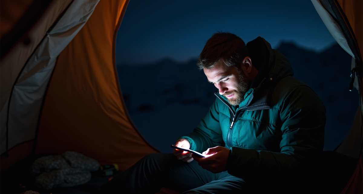 یک شخص در حال استفاده از گوشی موبایل در سفر در تاریکی شب