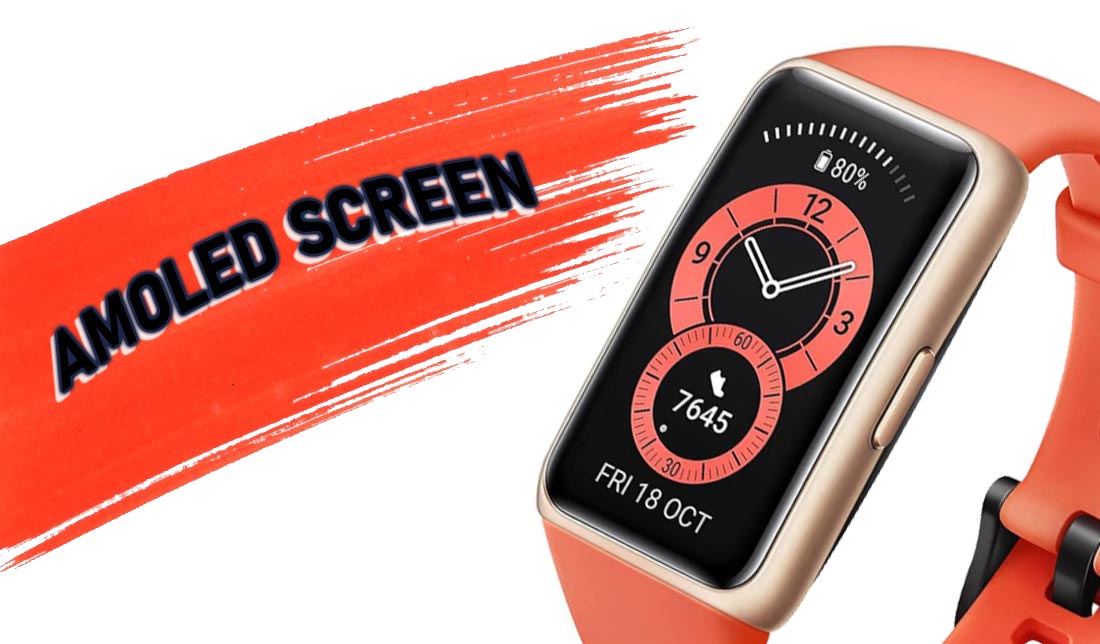 مچ‌بند هوشمند هواوی band 6 در رنگ نارنجی از نمای خیلی نزدیک در کنار نمایش مشخصات نمایشگر