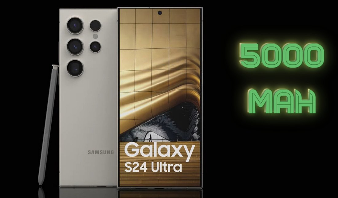 نمایش گوشی گلکسی S24 اولترا از نمای روبه‌رو در کنار نمایش ظرفیت باتری