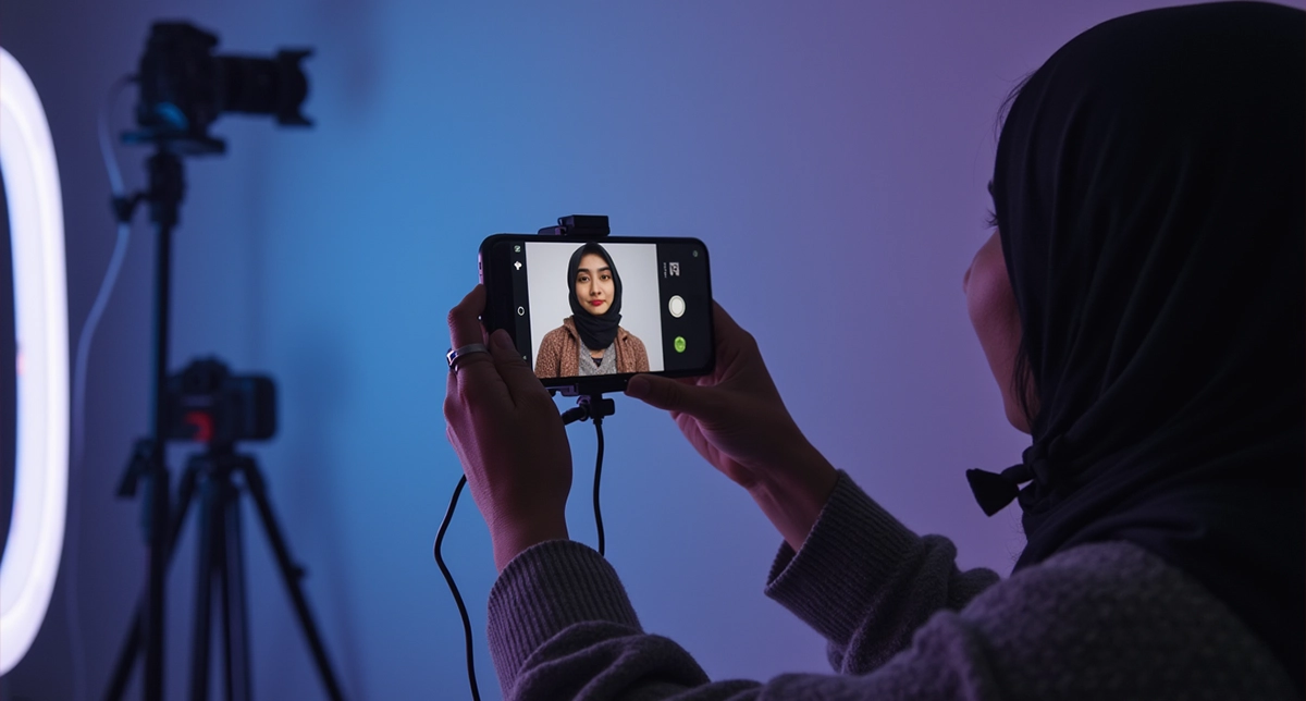 نمایش یک شخص در حال تولید محتوا و فیلم‌برداری با یک گوشی میان‌رده