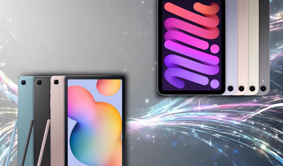 رنگبندی کامل گلکسی تب S6 لایت و آیپد مینی 6 از نمای پشت در کنار صفحه‌نمایش