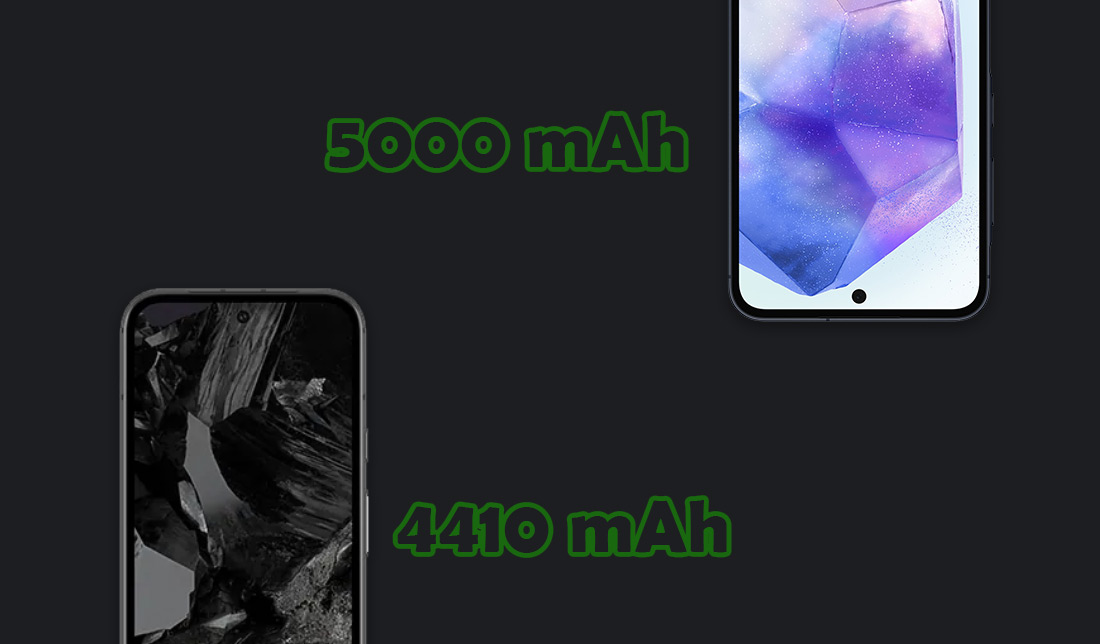 نمایش گوشی سامسونگ گلکسی A55 5G و گوگل پیکسل 8a در کنار هم در کنار نمایش ظرفیت باتری هر گوشی