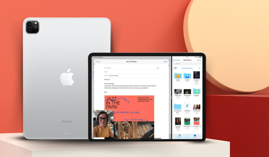 نمایش امکانات آیپد پرو 11 (2022) از نمای نزدیک در کنار نمای پشتی این آیپد در رنگ نقره‌ای