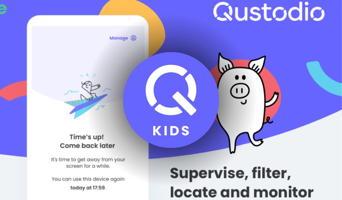 نمایش صفحه اصلی برنامه Qustodio به همراه نمایش لوگو برنامه در وسط تصویر