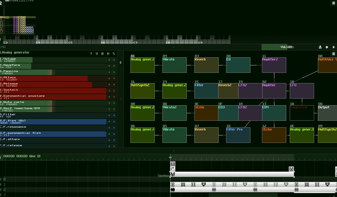 نمایی از پلاگین های نرم افزار ادیت صدا SunVox