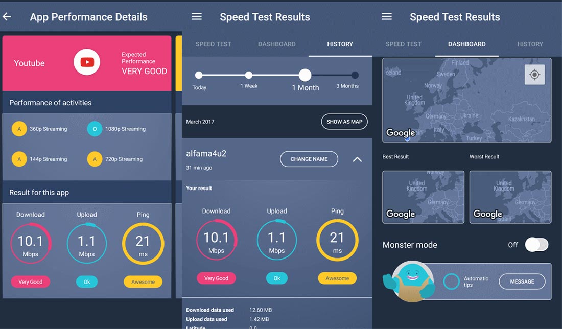 نمایی از فضای داخلی اپلیکیشن تست سرعت اینترنت Meteor