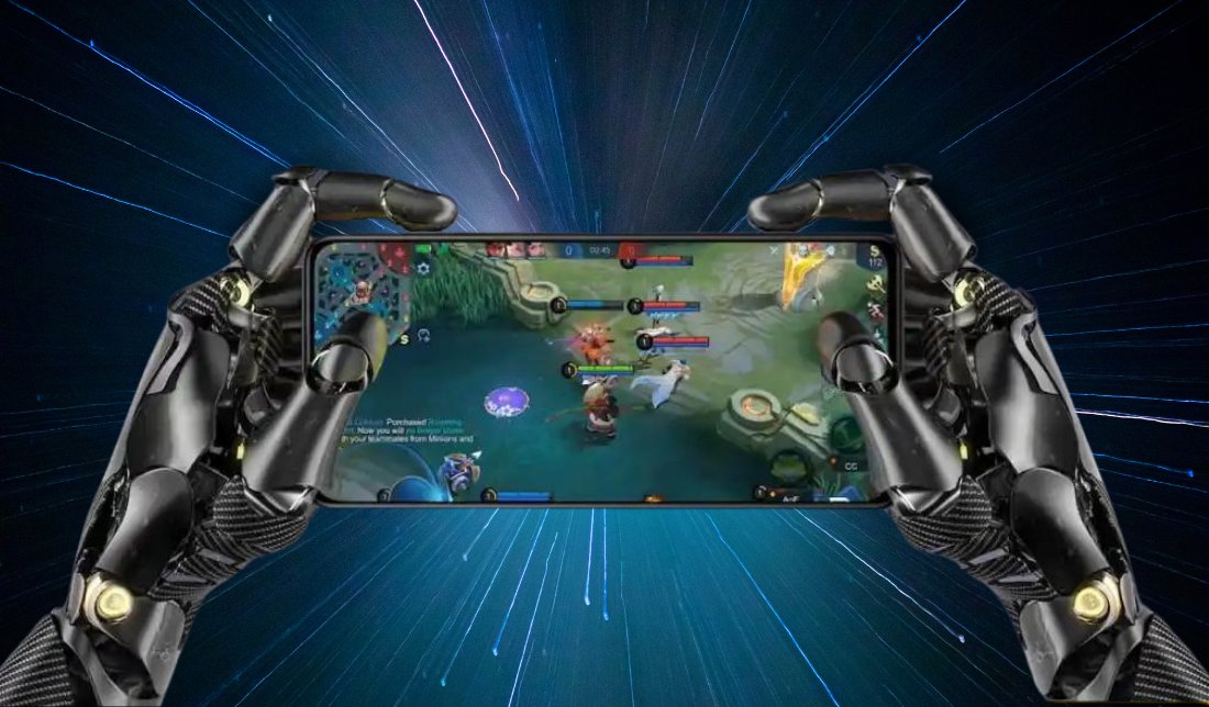 نمایش اجرا یک بازی در گوشی پوکو F5 در دست یک رباتپ