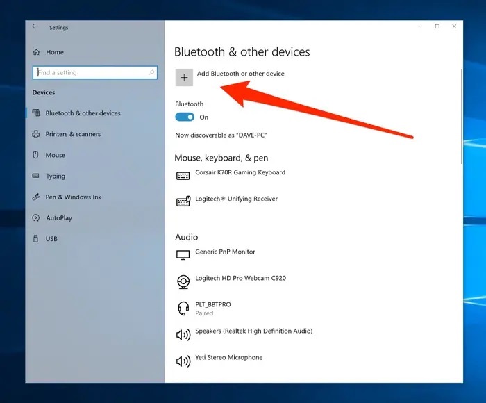 تصویر گزینه افزودن دستگاه در بخش تنظیمات بلوتوث سیستم عامل ویندوز