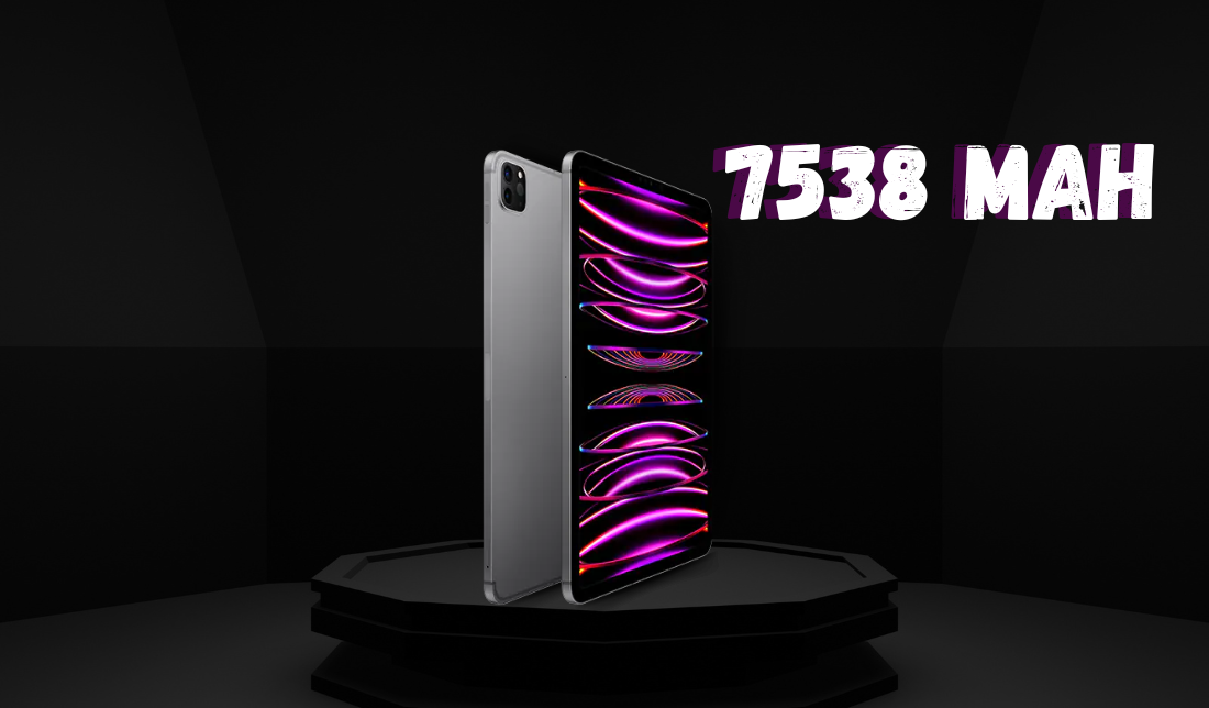 نمایش آیپد پرو 11 از نمای بغل در رنگ خاکستری در کنار نمایش ظرفیت باتری