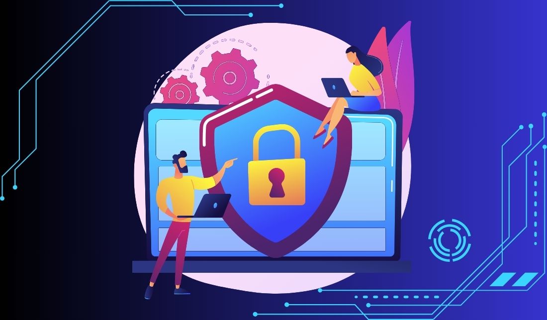 یک تصویر گرافیکی که نشان دهنده ایجاد یک فضای محافظتی توسط دو فرد در کامپیوتر است