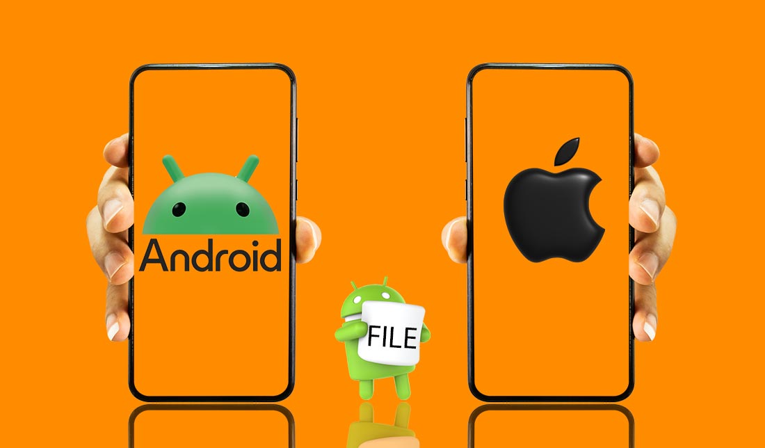 تصویری نمادین از انتقال اطلاعات از اندروید به آیفون توسط لوگو اندروید