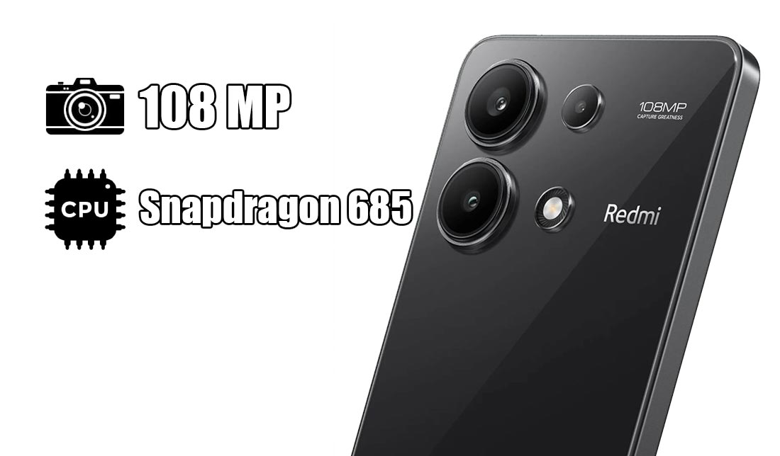 نمایش گوشی شیائومی ردمی نوت 13 4G در رنگ مشکی در کنار نمایش اطلاعات پردازنده و دوربین