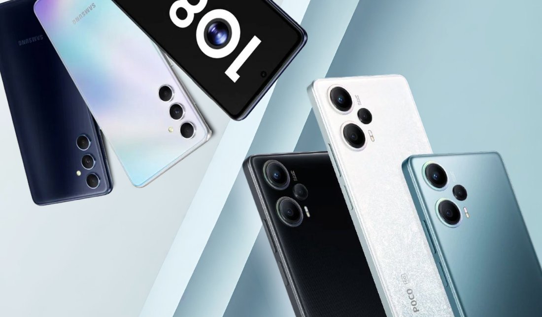 نمای نزدیک و از پشت گوشی شیائومی پوکو F5 و سامسونگ گلکسی F54 در رنگبندی کامل