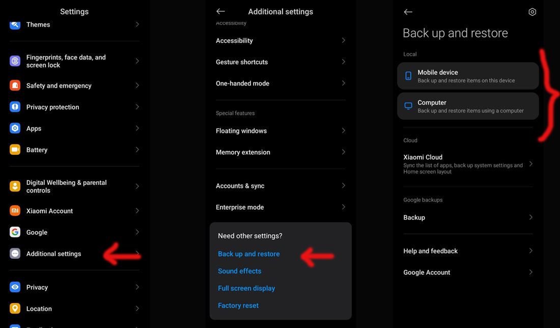 مراحل بکاپ گرفتن از طریق تنظیمات دستگاه در گوشی شیائومی