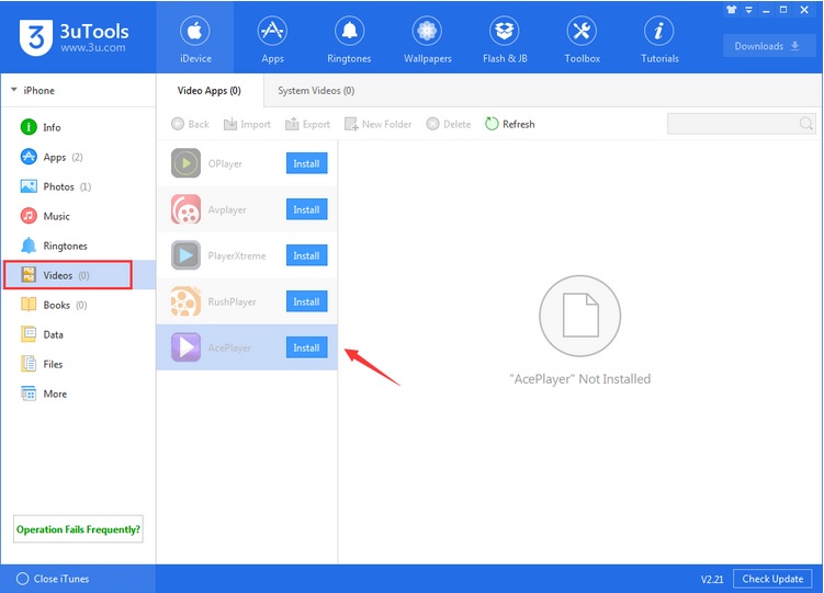 تصویر انتخاب گزینه Videos در برنامه 3uTools