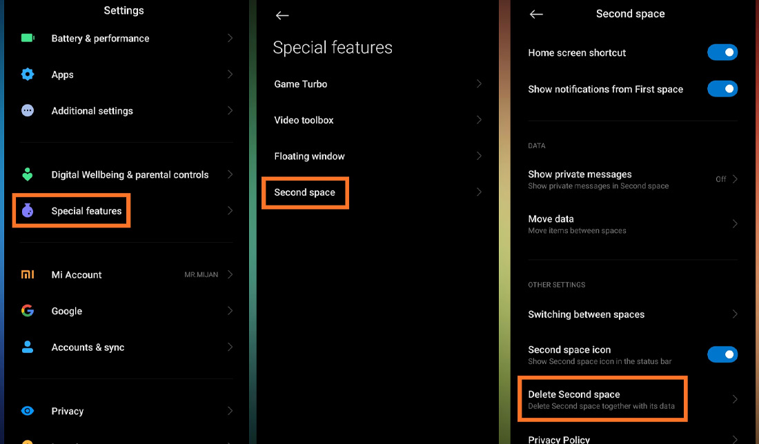 آموزش مراحل گام به گام حذف کردن فضای دوم گوشی شیائومی