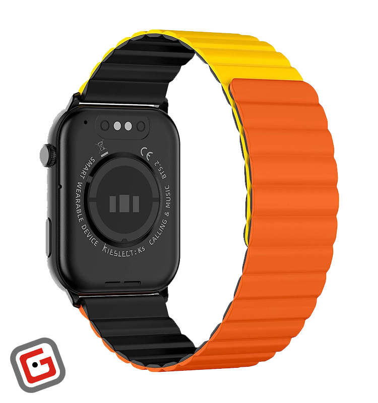 ساعت هوشمند شیائومی کیسلکت Ks از نمای پشت، رنگ نقره‌ای با بند نارنجی-زرد