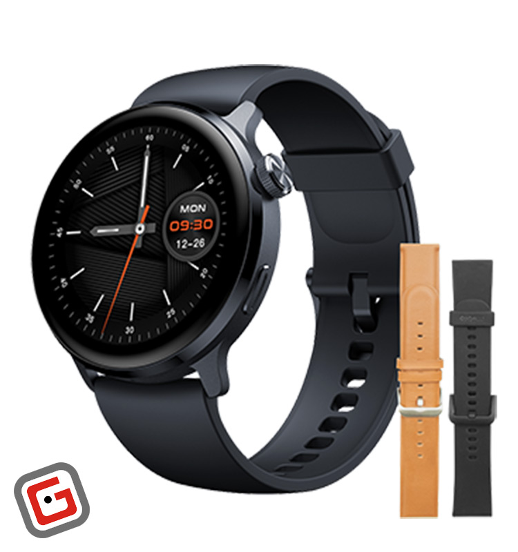 ساعت هوشمند میبرو مدل Lite 2 با بند مشکی از نمای سه‌رخ در کنار بند چرمی و سیلیکونی