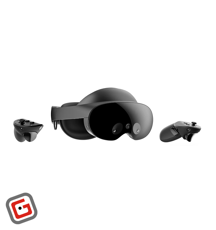 هدست واقعیت مجازی Meta Quest Pro در کنار دو کنترلر از نمای مقابل