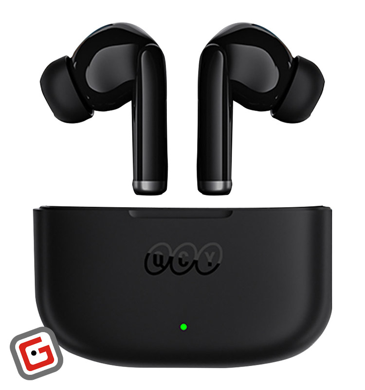 هندزفری بلوتوثی کیو سی وای مدل t19 در رنگ مشکی به همراه محفظه شارژ از نمای رو‌به‌رو