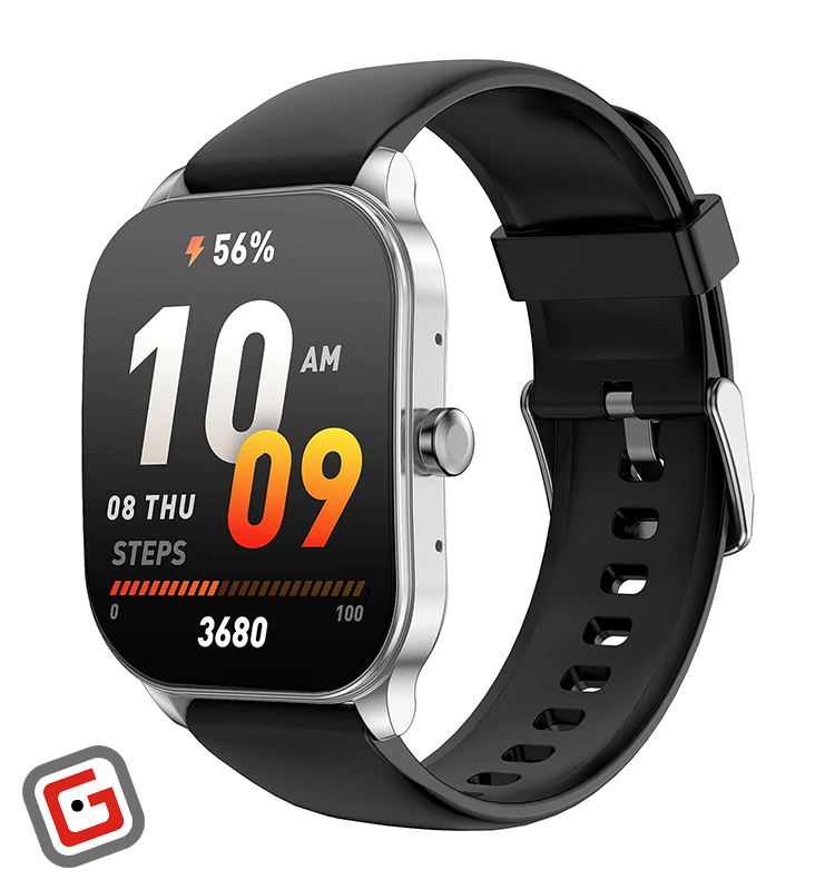 ساعت هوشمند امیزفیت مدل pop 3s در رنگ نقره‌ای از نمای سه رخ با بند سیلیکونی