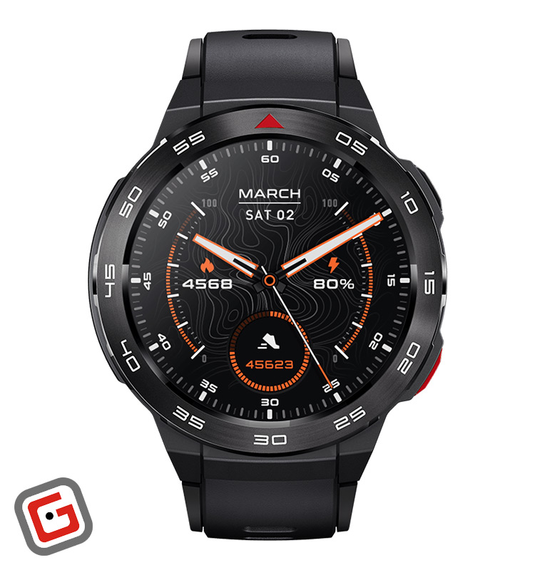 ساعت هوشمند میبرو مدل GS Pro از نمای رو‌به‌رو در رنگ مشکی با بند سیلیکونی