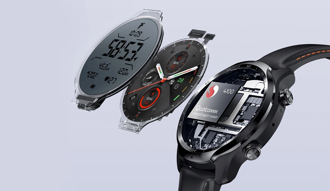 نمایش جزئیات ساعت هوشمند TicWatch Pro 3 که شامل دو صفحهنمایش و قطعات داخلی ساعت است